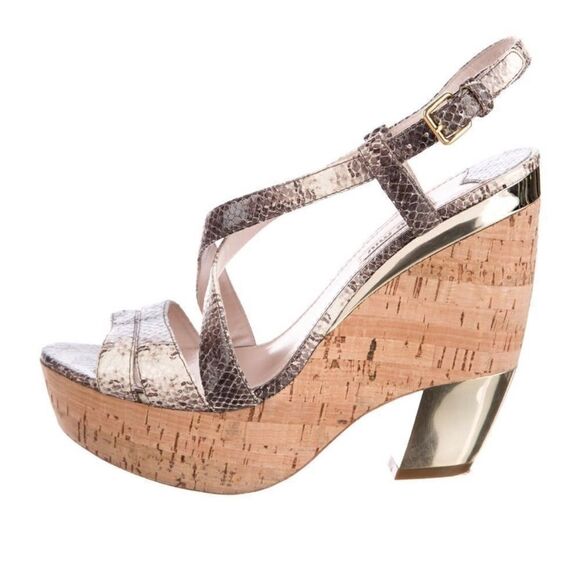 Miu Miu Silver Wedge Sandals with Metallic Snakeskin -9:IT39 - Picture 2 of 14